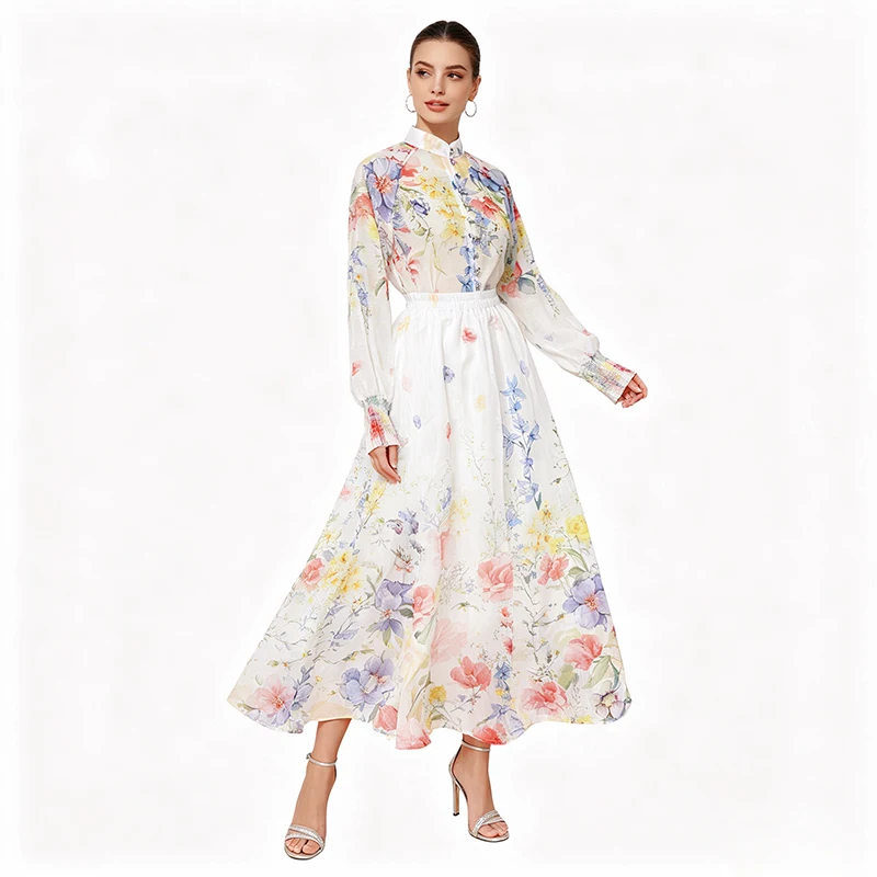 

Spring 2026 Vacation Fairy Tale Print Lantern Sleeve Shirt High Waist Skirt Two Piece Set Women's Fashion Ensemble