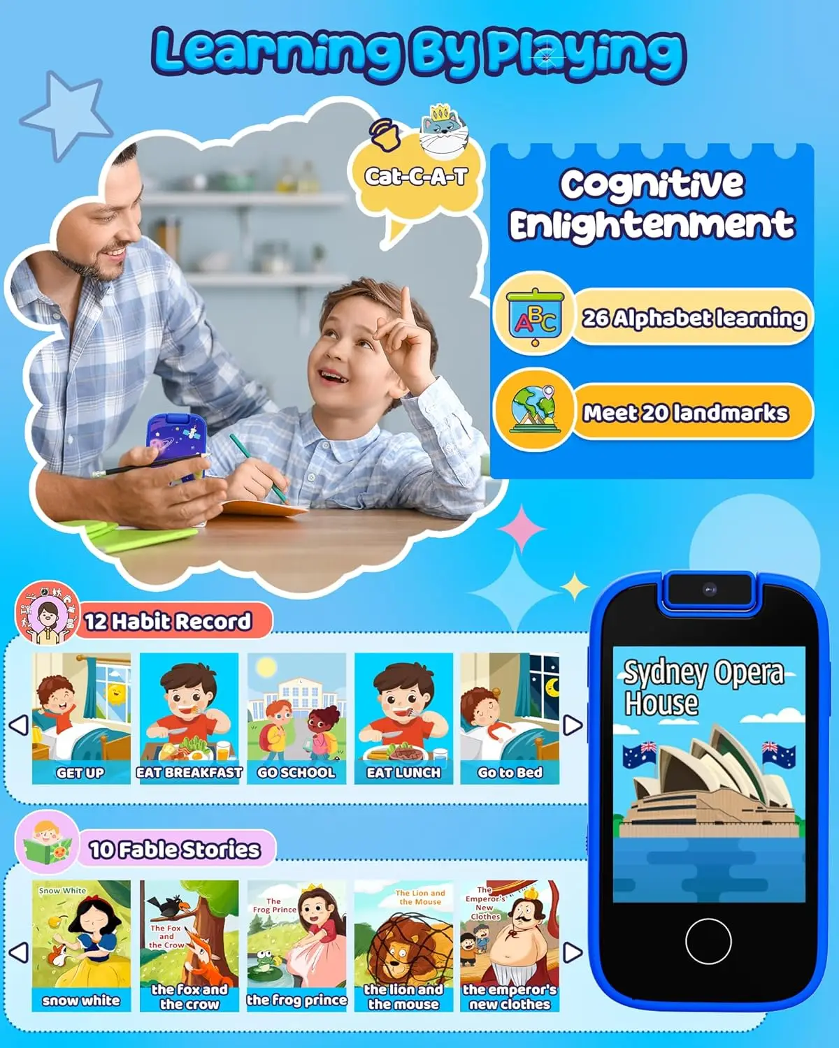 Telefone inteligente infantil para meninos, telefone infantil com câmera dupla, jogo de música, telefone de brinquedo de aprendizagem com cartão SD de 8G, presente de aniversário de Natal