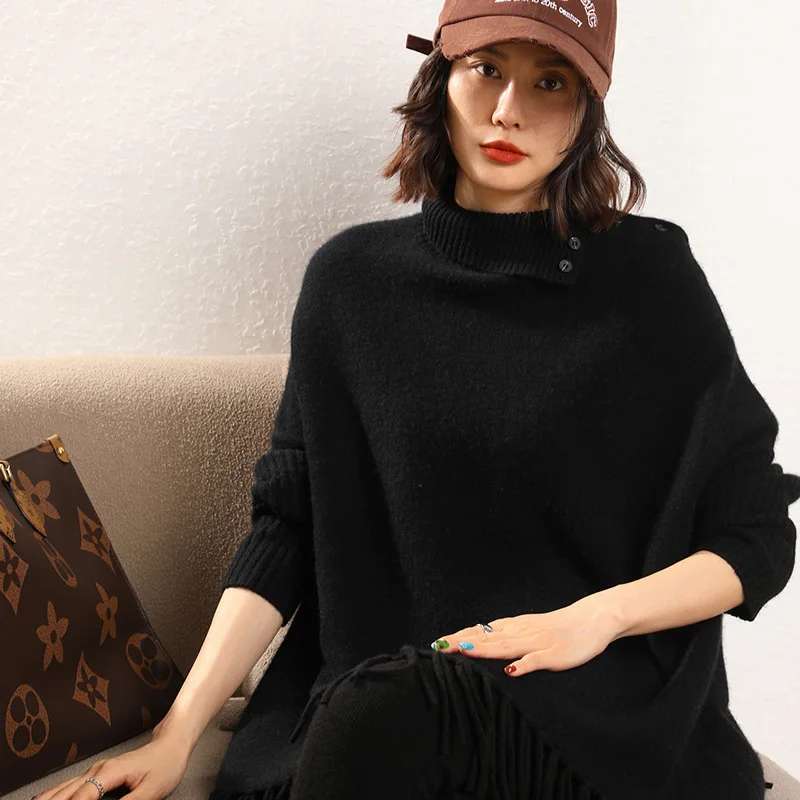 BirdTree, 35% Cashmere 65% Wool Elegant Sweaters, Women Lapel Tassels, Loose Casual Pullover Dress, 2024 Autumn Winter T48724QC