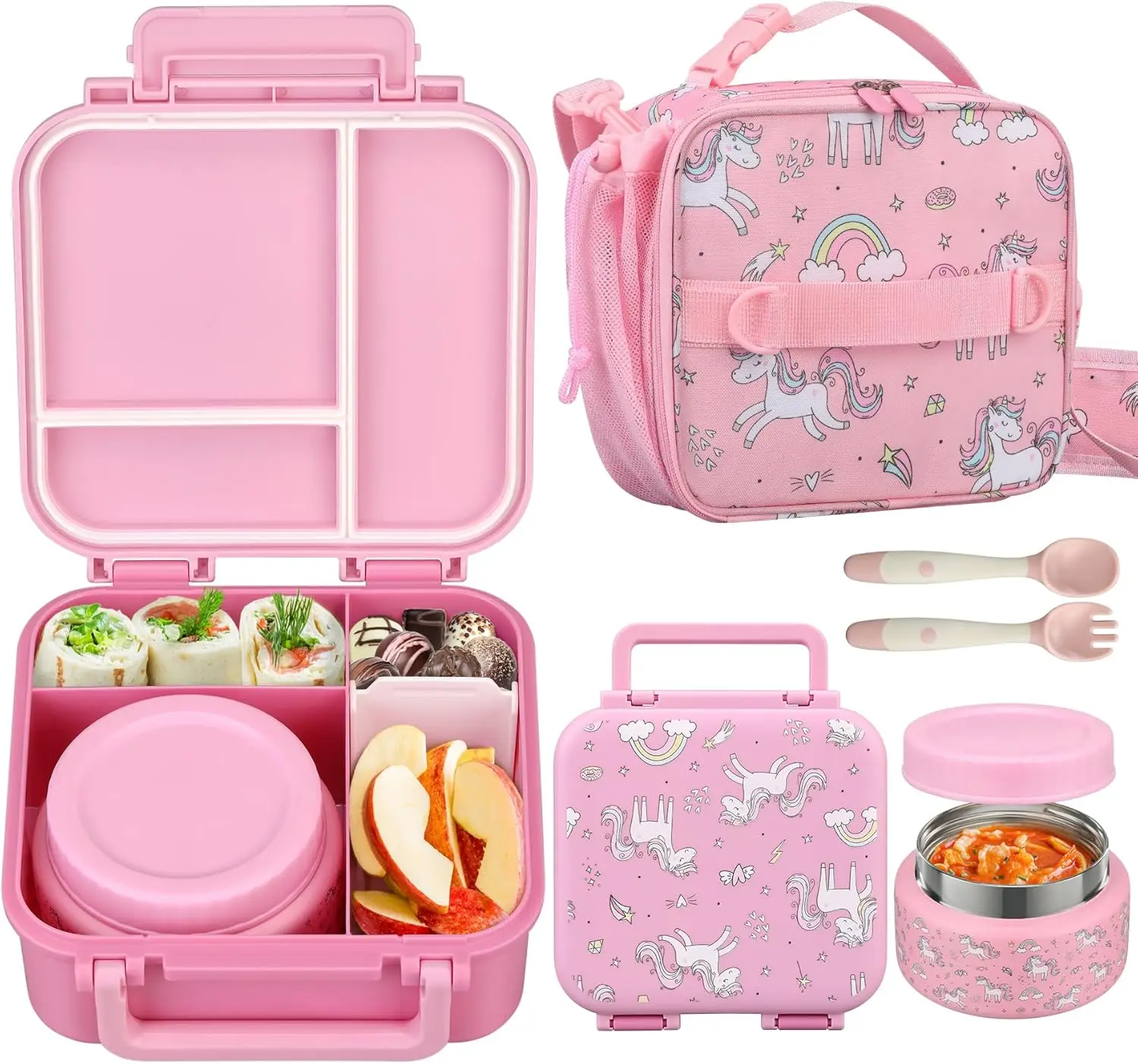

Kids Lunch Box Set with Bento Box, 9oz Stainless Steel & Insulated Lunch Bag – Hot & Cold Leakproof Lunch Container