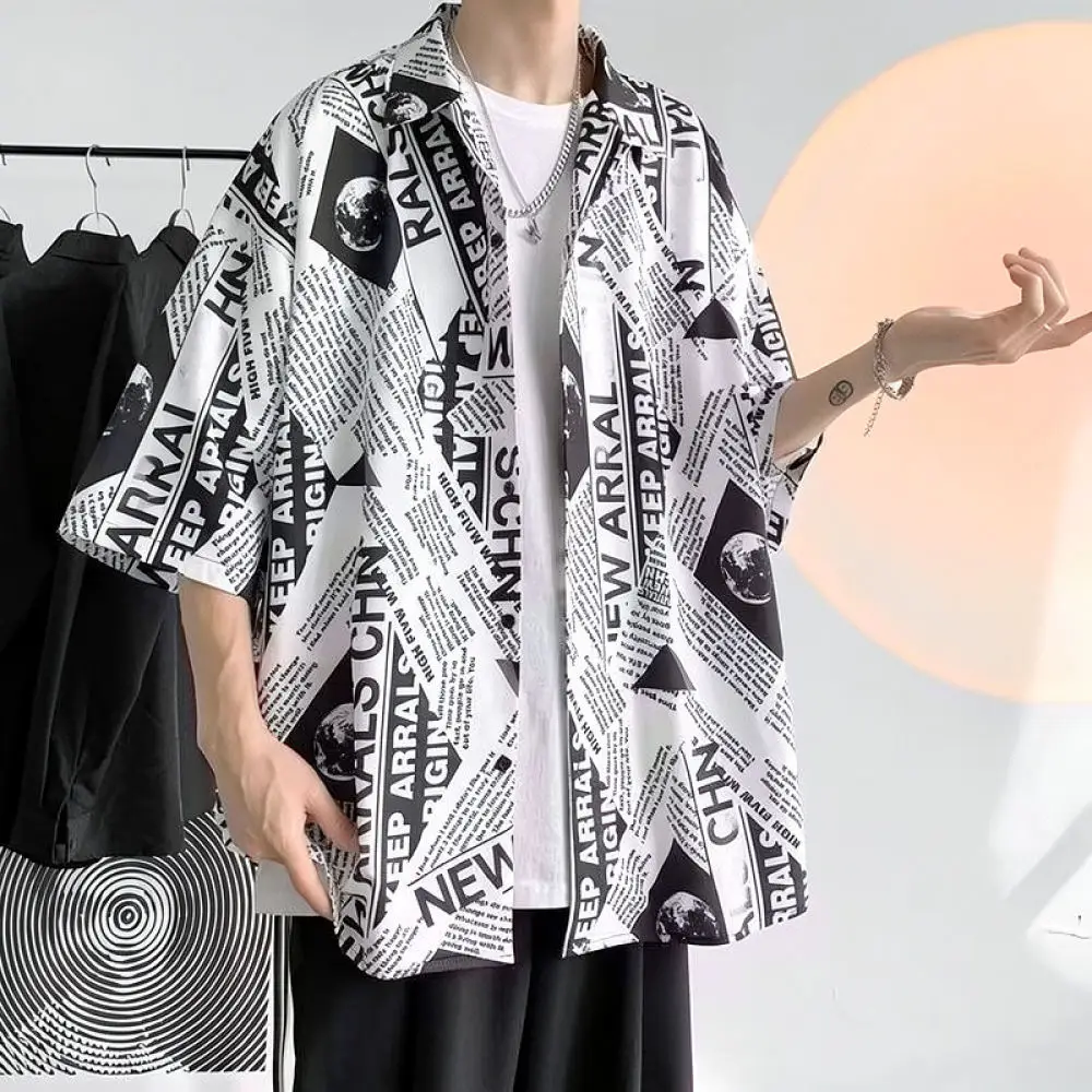 Mens Shirt Summer Casual Loose Fit Vintage Newspaper Print Tops Half Sleeve Button Down Streetwear Male Fashion Clothes