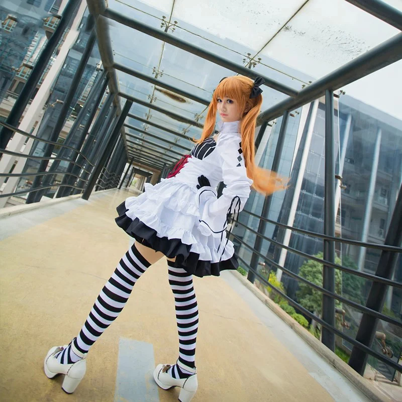 Anime Asuka Cosplay Costume Custom Made White and Black Dress Sexy Full Sets A