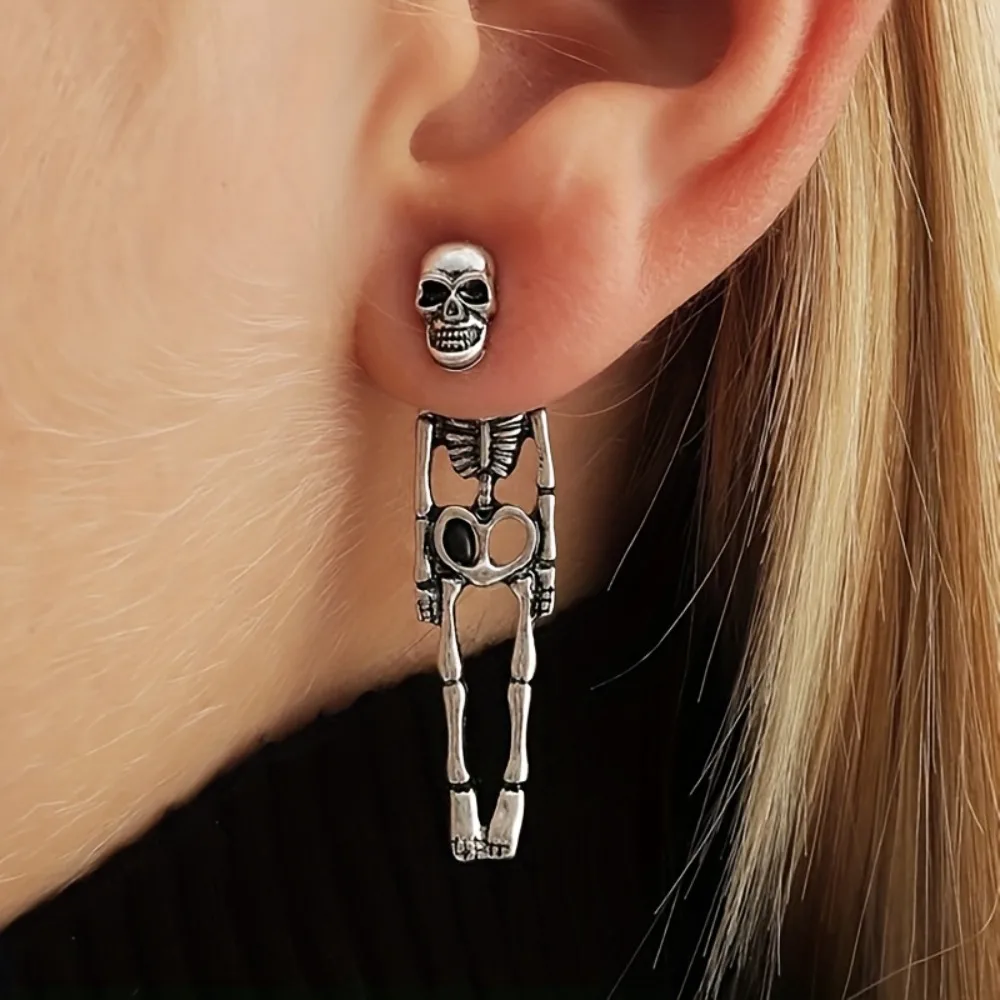 1pair Girl\'s Halloween Silvery Skeleton Design Dangle Earrings, Retro Goth Style Jewelry