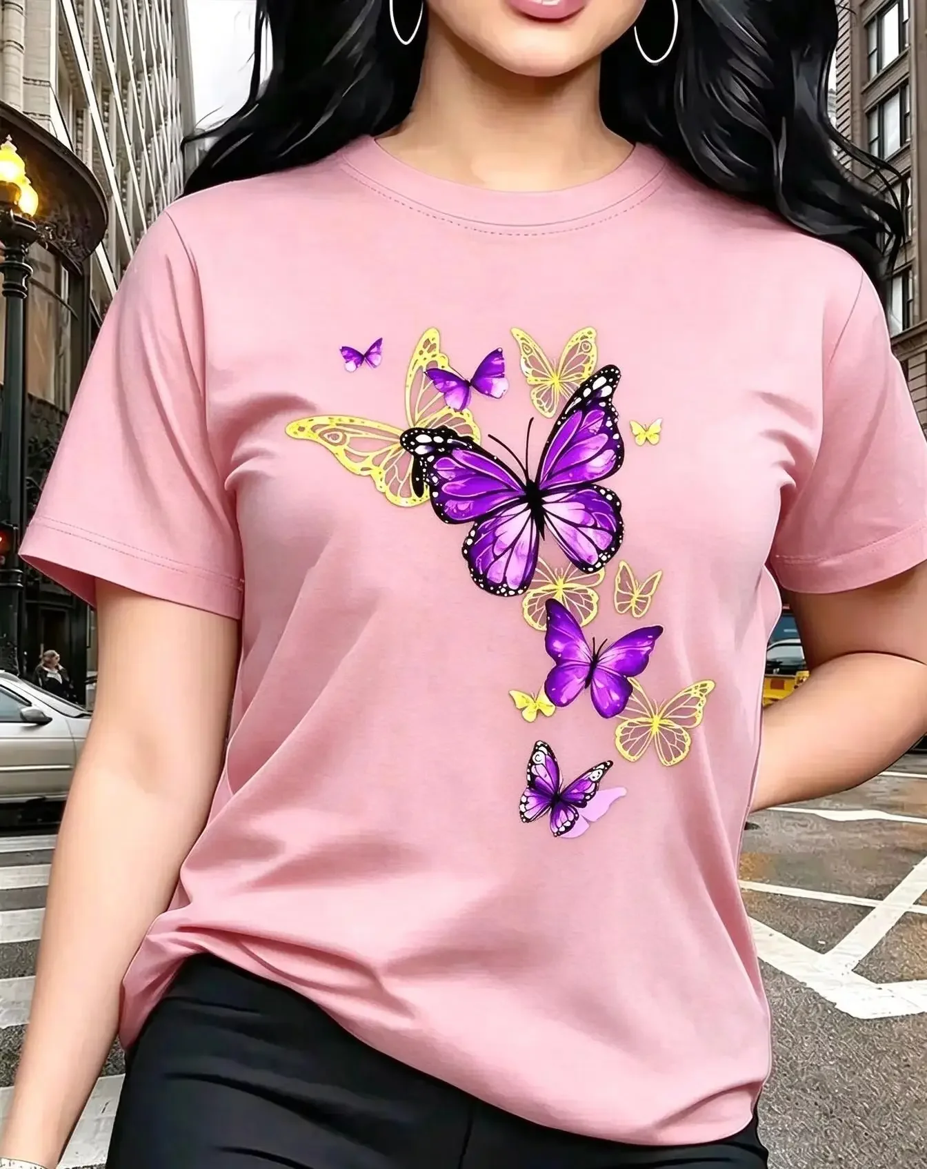 New T-shirt with Butterfly Pattern Print Round Neck Golden Element Design Fashion Harajuku Casual Street Tees Aesthetic Tops
