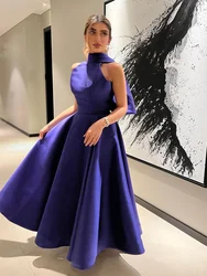 Prom Dresses Elegant Fashion High Collar Floor Length Sleeveless Satin Ruched Formal Evening Gowns Summer فساتين سهرة 칵테일드레스