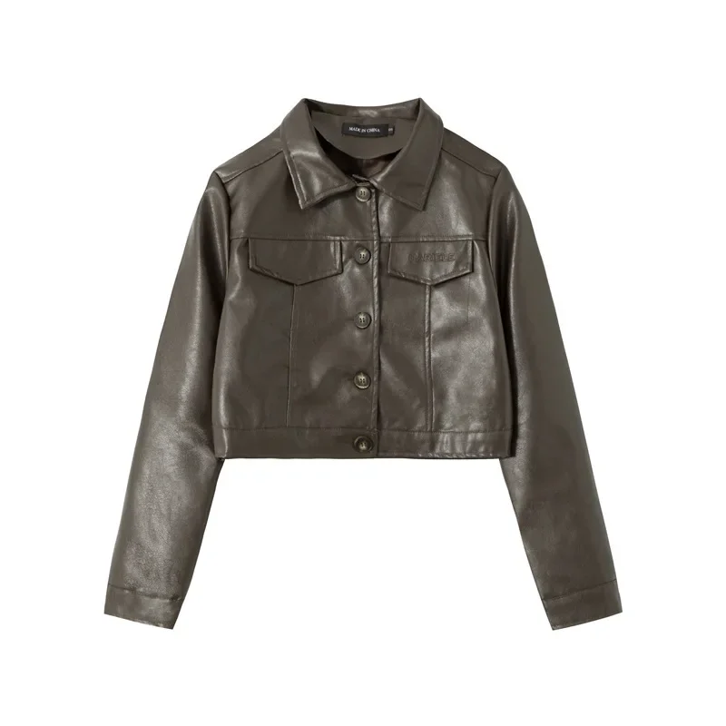 Autumn Pu Leather Jacket Women Coat Short Lapel Street Top Faux Trendy Cool Black Clothes Jackets Coats Pockets Button Clothing