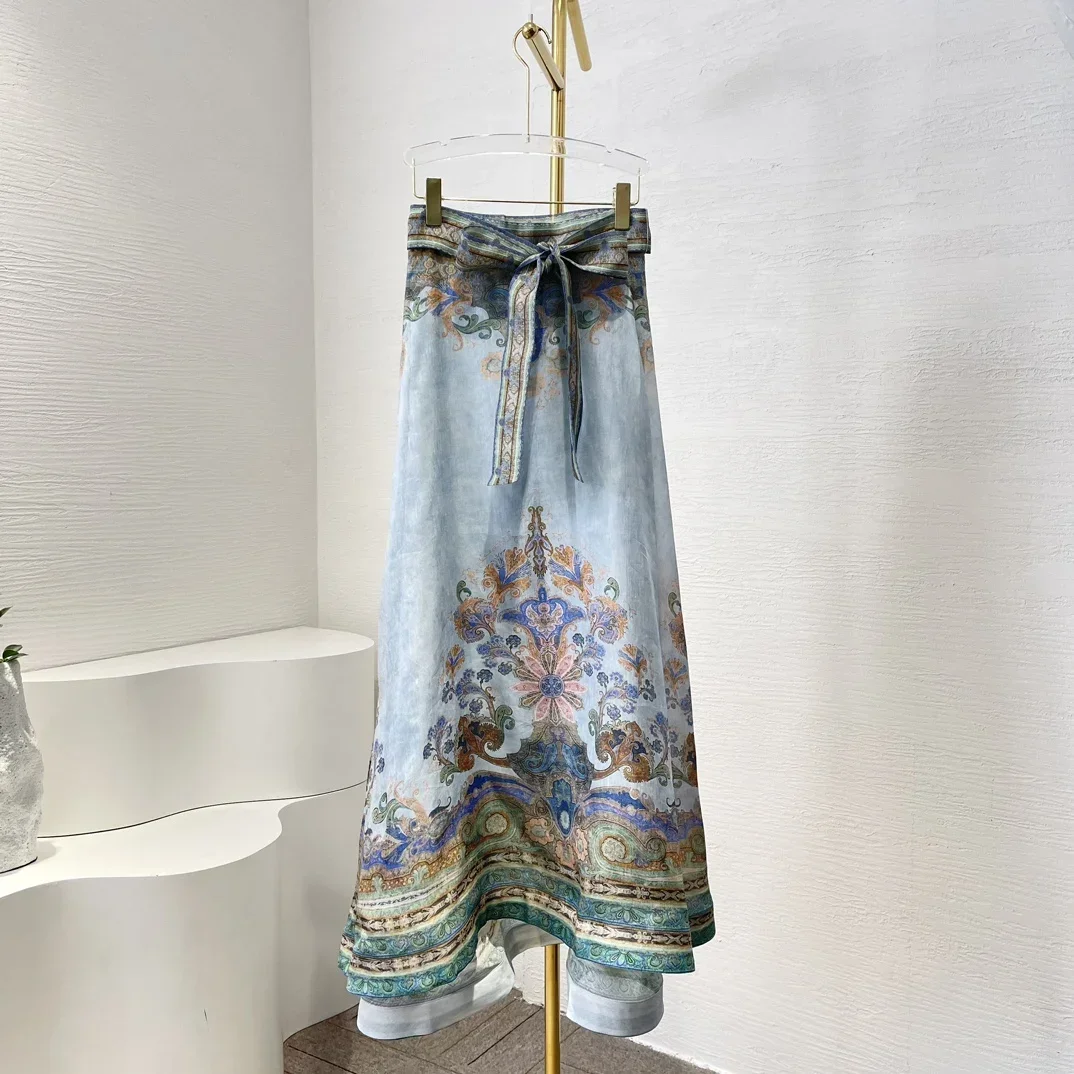 

Suitable for All Season New Blue 2025 Paisley Print Long Sleeve Turn Down Collar Blouse Tops and Skirt Set