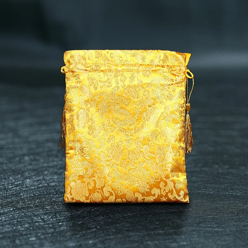 10pcs Custom Large Yellow Silk Brocade Drawstring Gift Bags Chinese Dragon Good Lucky Bag Party Favor Bags Storage Pouches