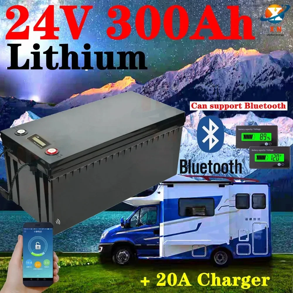 waterproof 24V 300AH Lithium ion battery bluetooth APP BMS li ion for 3000W RV EV Solar energy golf cart UPS +20A Charger