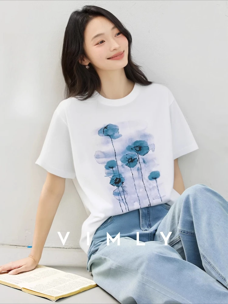 

VIMLY White Funny Printing Pure Cotton Short Sleeve Top Women's 2025 Summer Casual Crew Neck Loose Knitted Woman T-shirt A2163