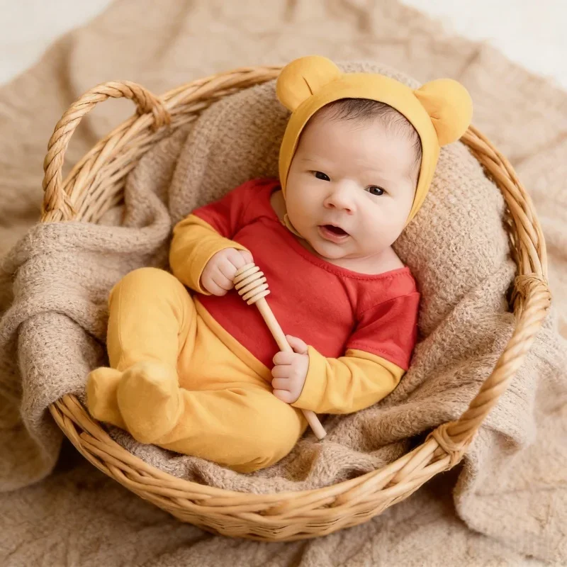 Newborn Outfit Photo Shoot Costume Yellow Honeybee Jumpsuit Hat Romper Bodysuit Baby Photography Props Animal Theme Studio Wear
