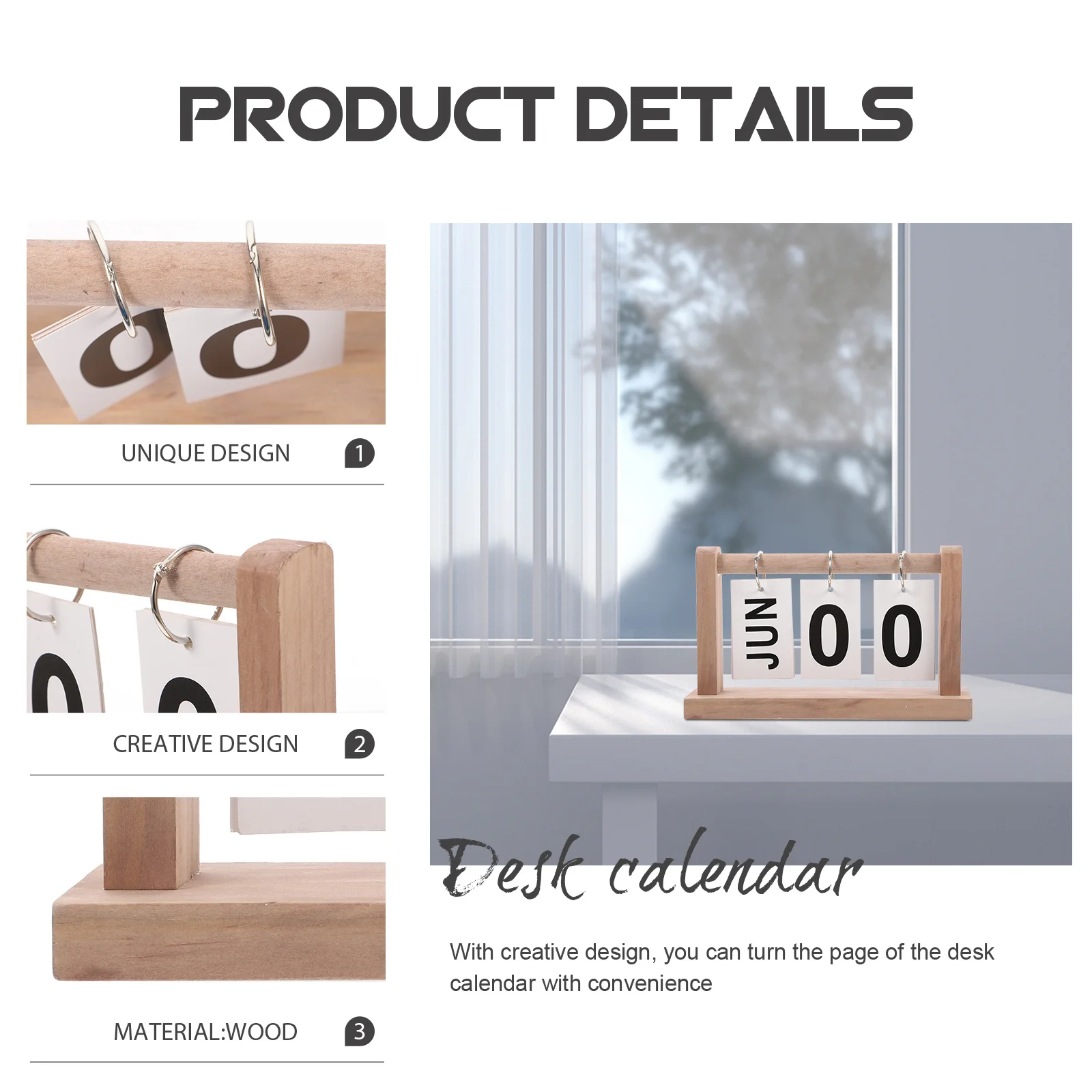 Rustykalny drewniany kalendarz wieczny z przekładanymi kartkami, kreatywny kalendarz stołowy wielokrotnego użytku, dekoracja na biurko do domu, biura, szkół, hoteli.