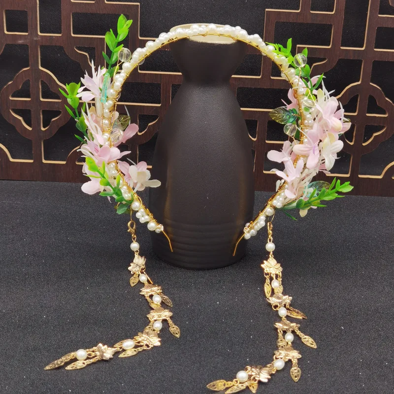 Ancient Style Flower Hair Hoop Buyao Headband Hanfu Fairy Headdress Bride Hairpin Ornament Cosplay Princess Headwear with Tassel