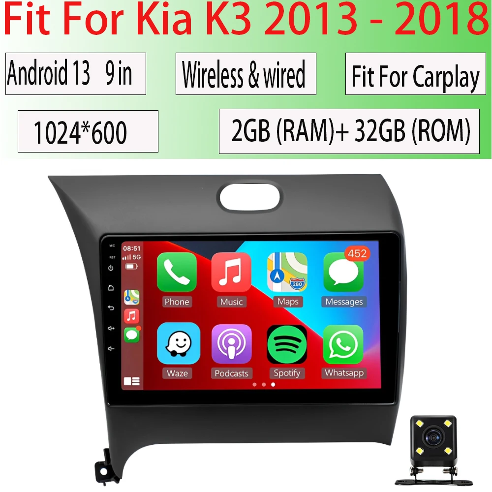 

Android 13 Car Radio WIFI For Kia K3 2013 - 2018 9in Multimedia Player System DSP Stereo Fit For Carplay Navigation GPS WIFI BT