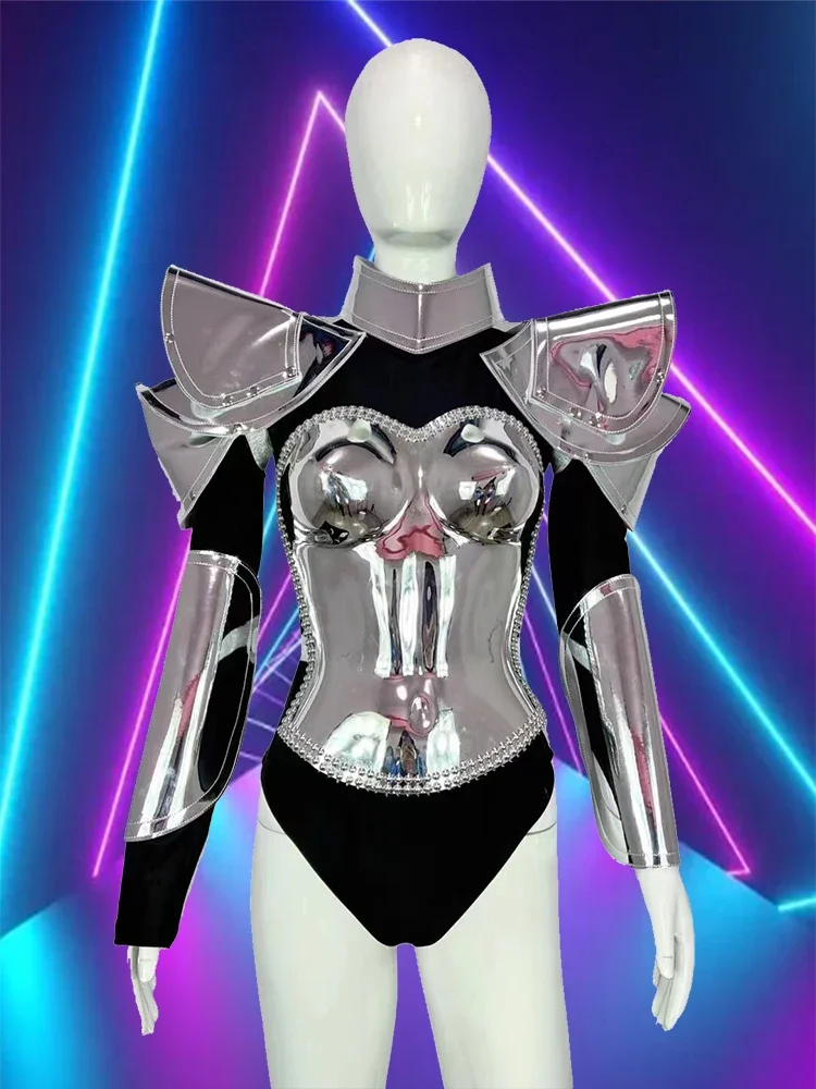 

Show girl party outfit Nightclub Silver Armor Drag Queen Gogo Dance Clothng Futuristic Party Rave Outfit Clubwear Bar dancer