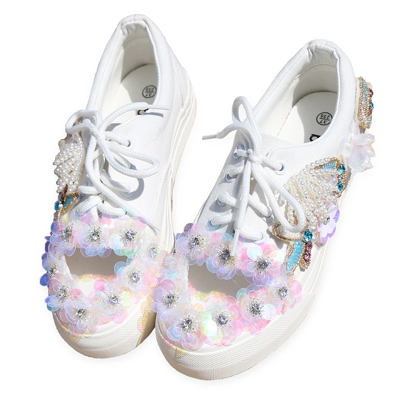 2022 Spring Summer White Canvas Bling Sequins Women Sneakers Sweet Pearls Beaded Bride Wedding Flats Cute Sport Tennis Shoes