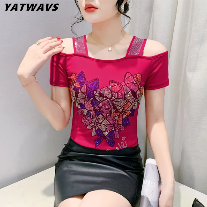 High Quality Summer European Clothes Women's T-shirt Sexy Bowknot Shiny Hot Diamonds Tops New Girl Chic Off Shoulder Luxury Tees