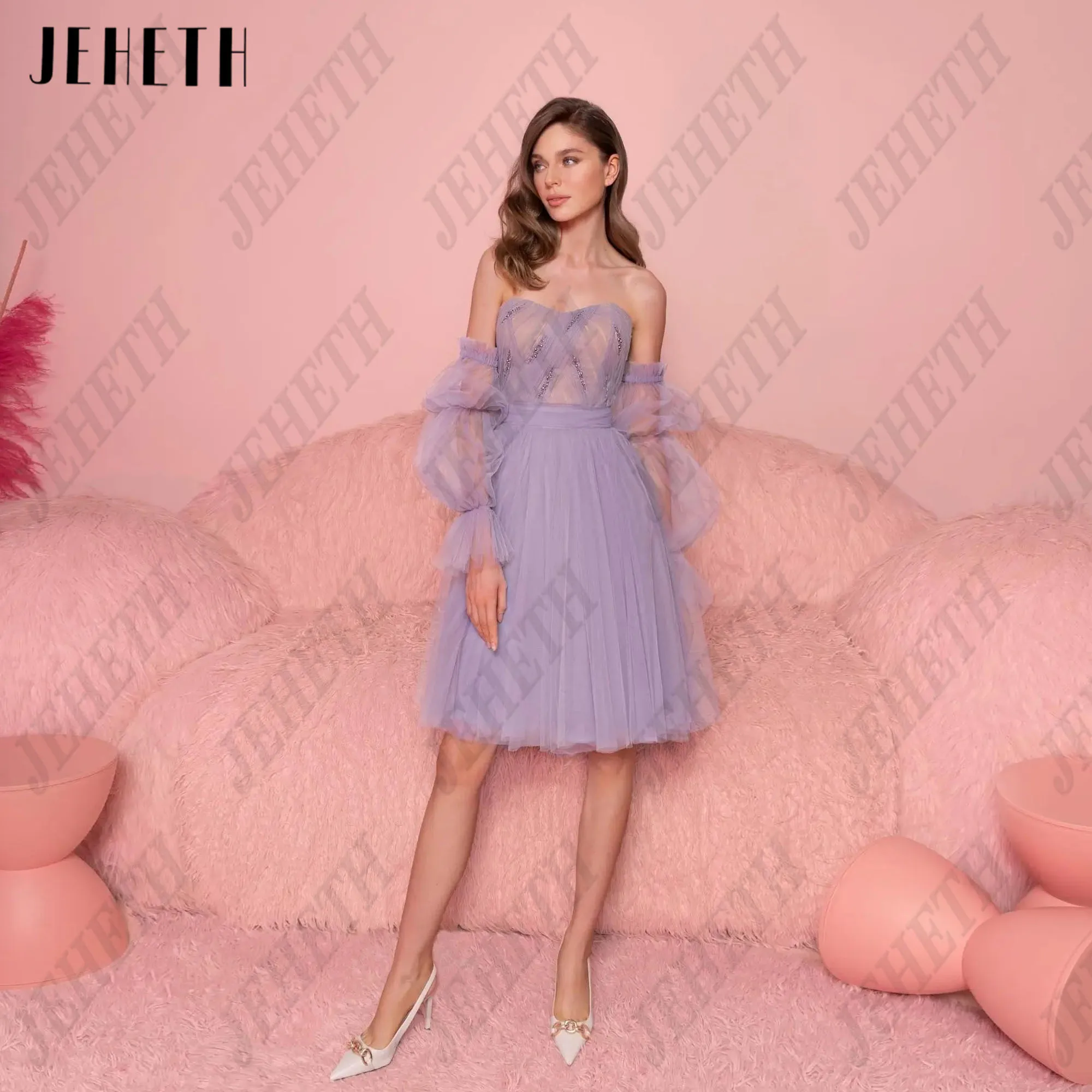 

JEHETH Mini Tulle Prom Gown Puff Sleeves Strapless Short Lavender Evening Party Dress Formal Occasion Cocktail Dress Customized