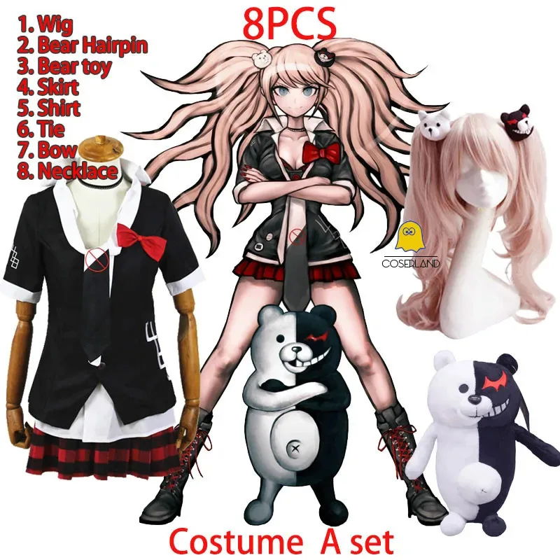 

Danganronpa Junko Enoshima Cosplay Costume Red Skirt Set Black Cardigan Dangan Ronpa Bear Toy Steampunk Lolita Party Dress