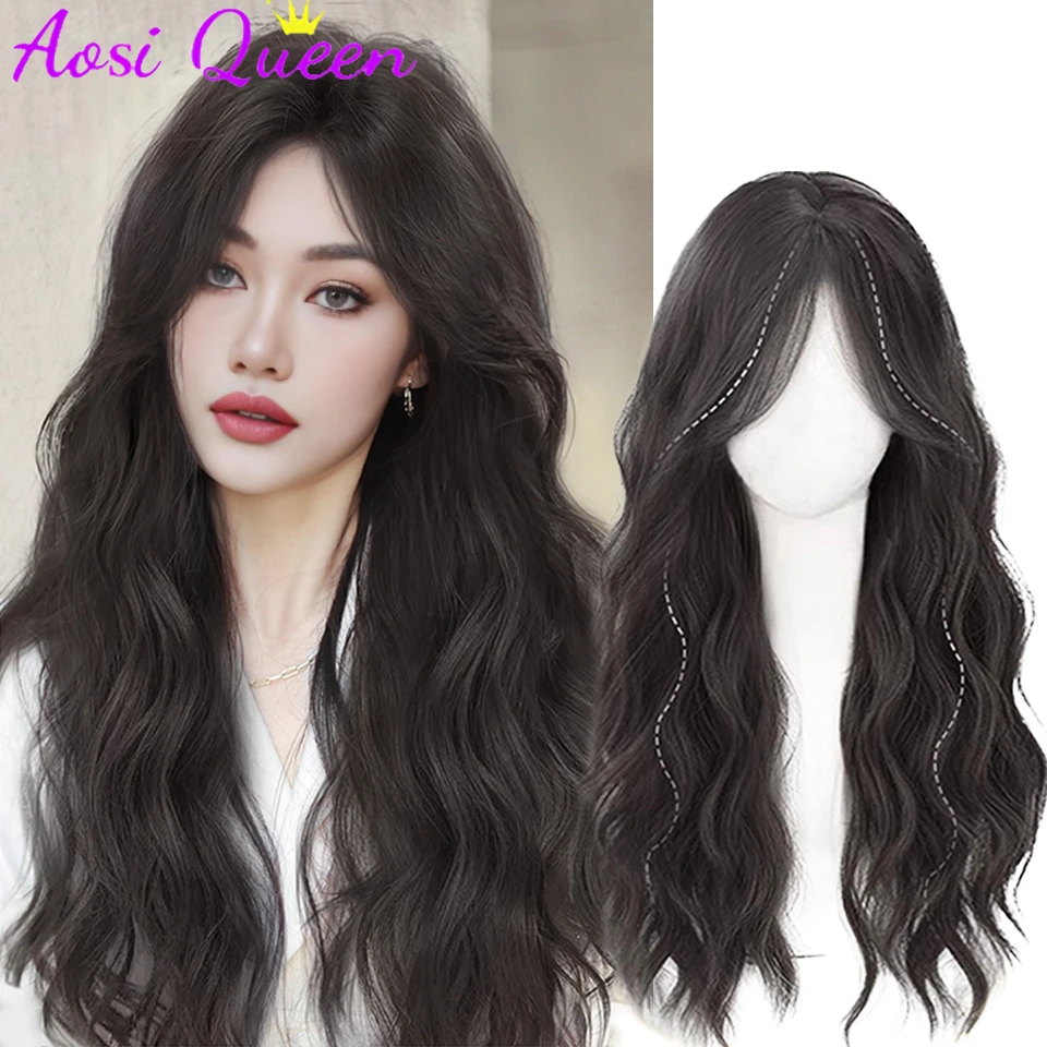 AOSI Synthetic 25 Inch Middle Parted Bangs Long Curly Wig Natural Fluffy Chemical Fiber Heat Resistant Wig