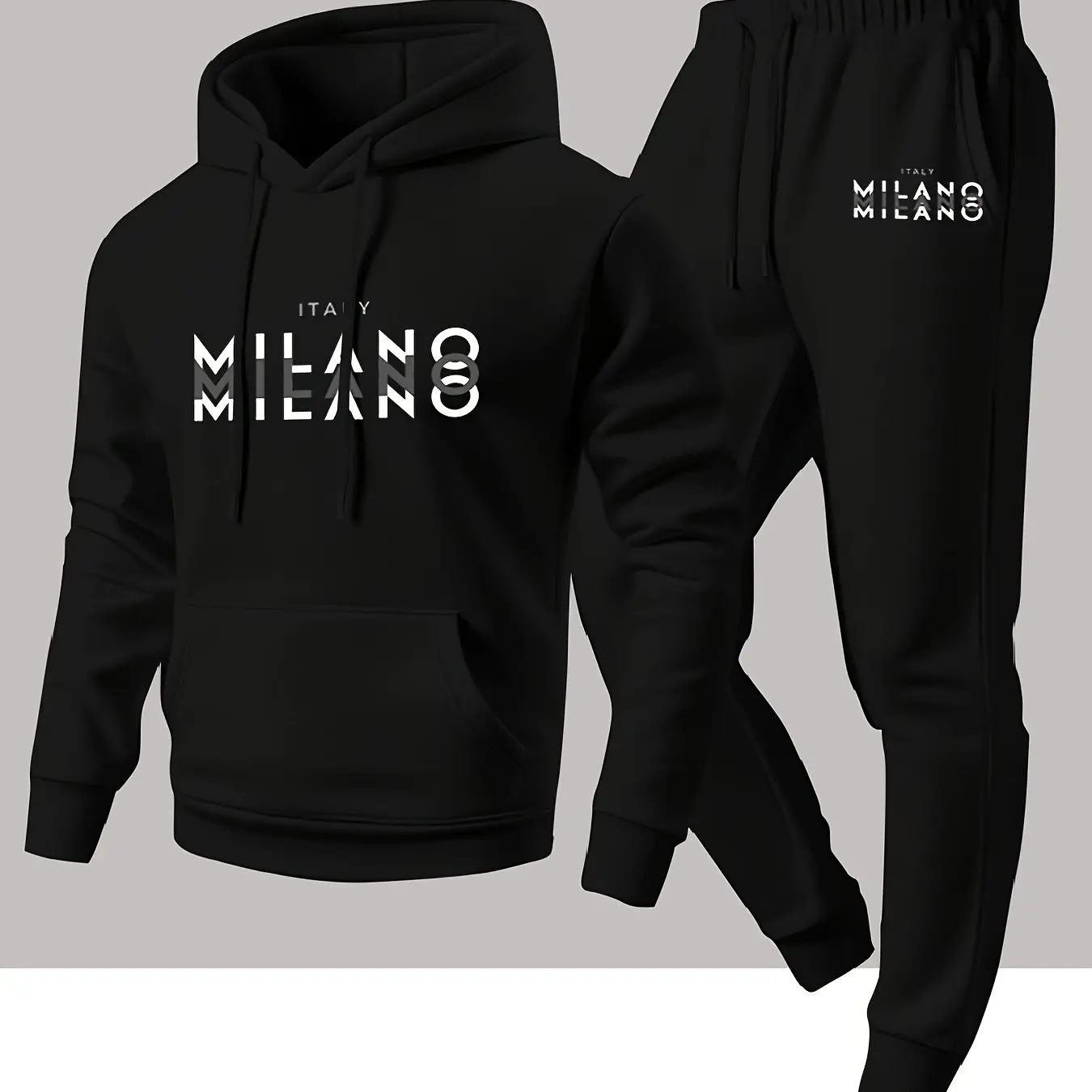 Trendy Men's Italian Milan Letter Pattern Hooded Sweatshirt and Athletic Pants Casual Sports Set Men's Clothing Sets view 2