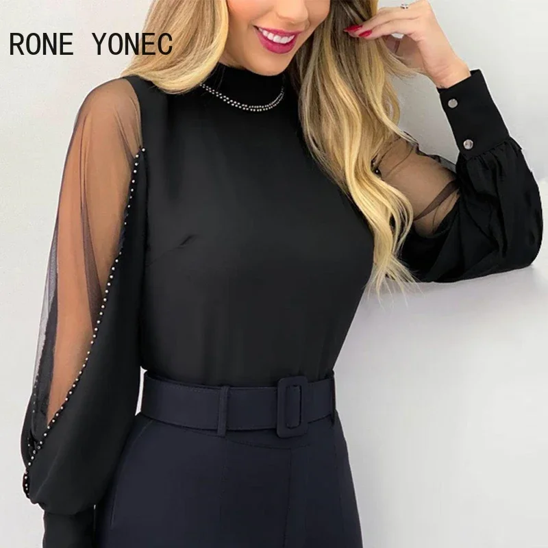 Women Chic Solid Chiffon&Mesh Long Sleeves with Rhinestone Basics Blouse Working Tops