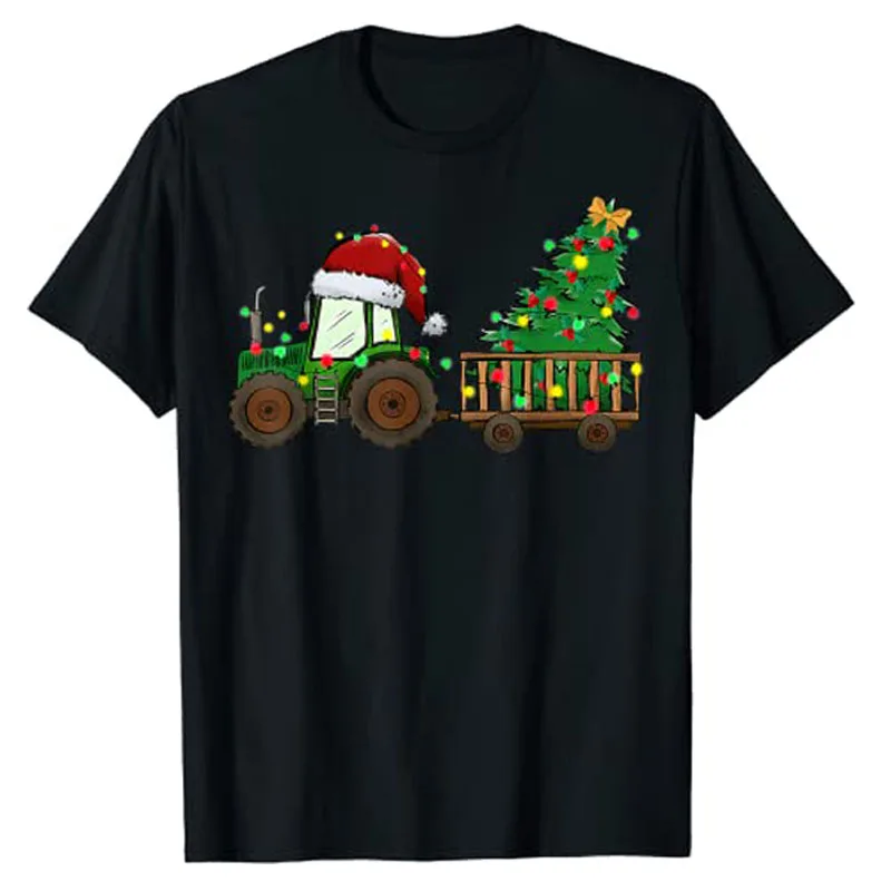 Christmas Farm Tractor Xmas Tree Lights Santa Hat Farmer T-Shirt Gifts Ugly Christmas Sweater Style Pajamas Holiday Tee Tops