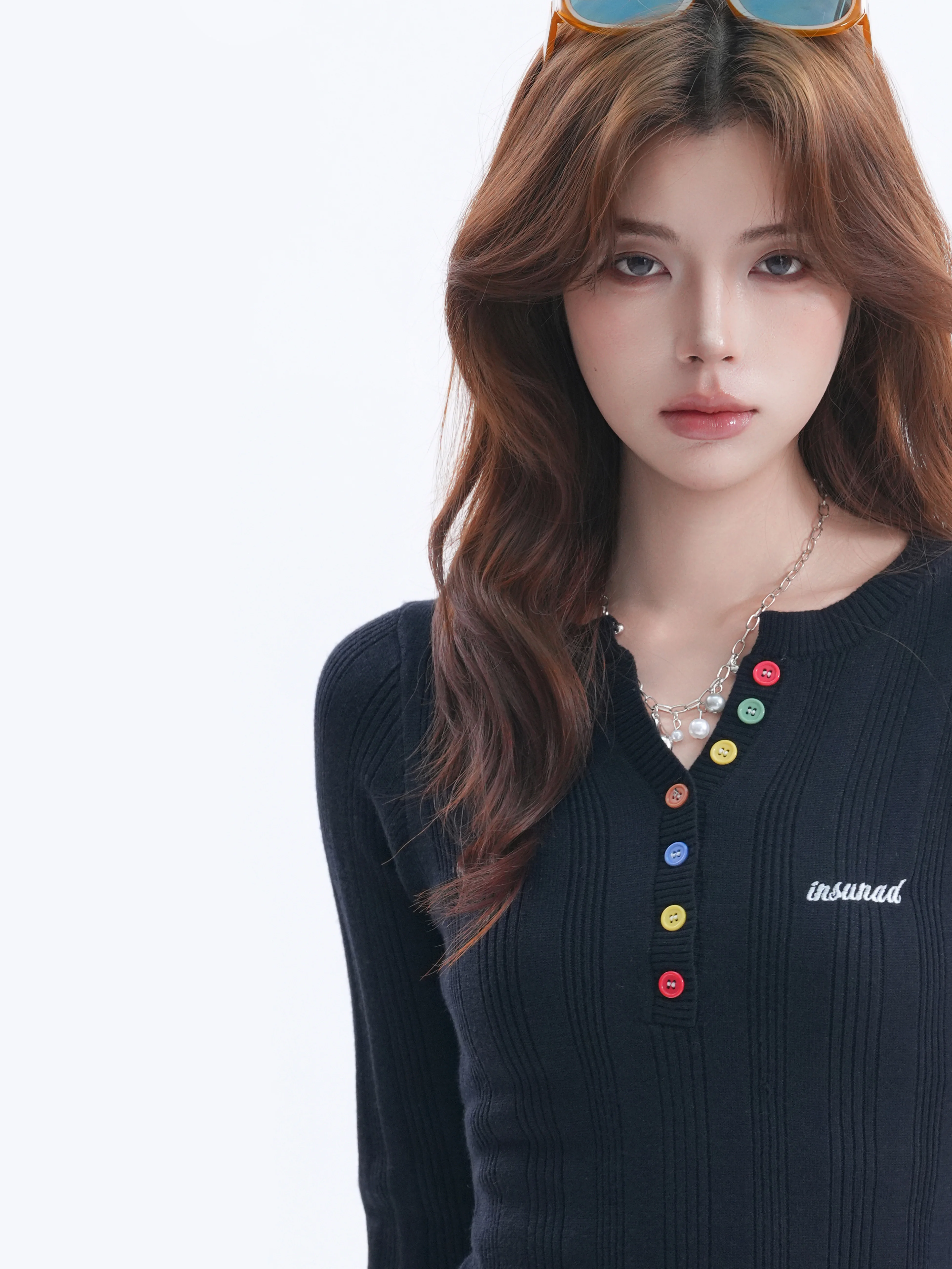 Dopamine Boosting Color Block Button Design V Neck Knitted Sweater T Shirt Women Sweet Style Korean Casual Long Sleeve Top