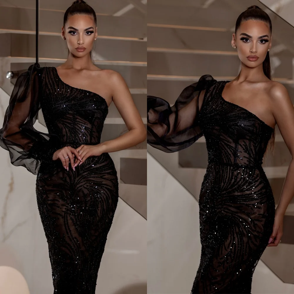 Robe de soirée en Tulle noir, personnalisée, exquise, moderne, asymétrique épaule dénudée, manches longues, robes d'occasion spéciale, robe de bal sirène