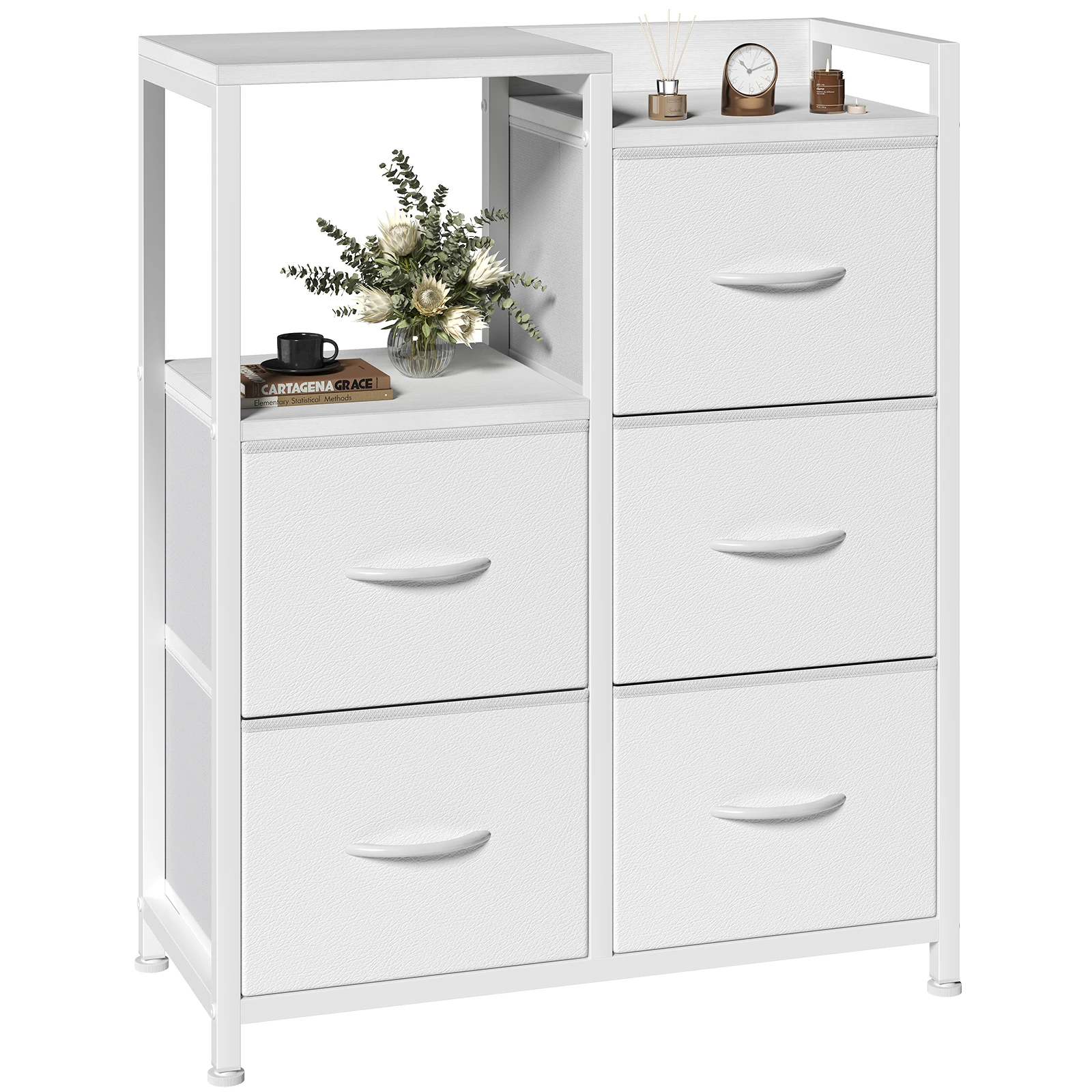 MCQ Fabric 5 Drawers Cabinet And Open Grid For Living Room Storage Cabinet Organizer with 2 Tier Shelf Beside Nightstand Dresser Tables Display Furniture