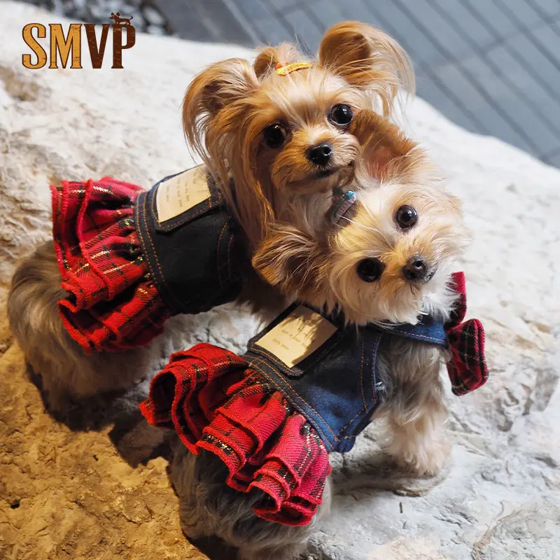 

Spring and Summer Thin Denim Splicing Red Plaid Overall Dress Sweet Cool Handsome College Style Kitten Small Dog Dress