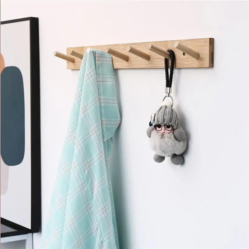 AT63-Practical Decoration Bamboo Door Clothes Hats Robe Back Rack Wall Mounted Hanger Room Hooks Key Hallway Storage Holders 3 H