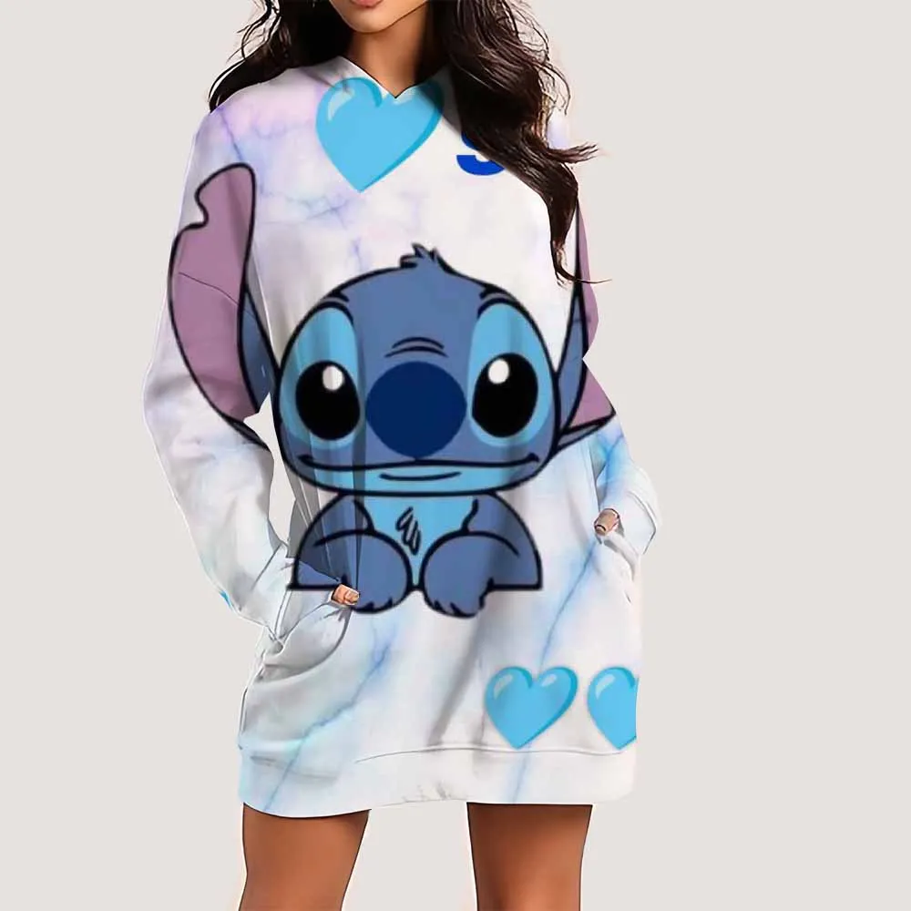 

Fall Dress Disney Stitch print Hooded Midi Dress for Women Loose Long Sleeve Pullover Knee Length Fall Spring Outfit Pullover