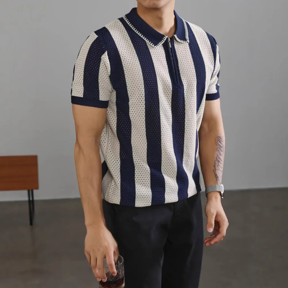 Mens Business Casual Polo Shirt Summer Ice Silk Knitted Short Sleeve Lapel Zipper Breathable Loose Fit Fashion Tee Top