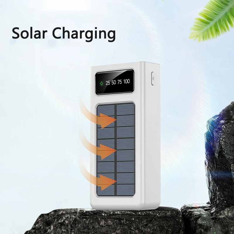 Banco de energia solar portátil com cabo embutido, 30000mAh, bateria de reposição externa, carregador, Powerbank para iPhone 15 X, Samsung, Huawei, Xiaomi