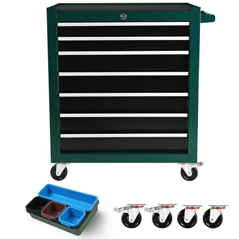 7-Drawer Steel Tool Chest on Wheels Lockable Mechanic Cart with Toolboxes Trays Garage Toolbox Organizers 30 Inch Heavy-Duty