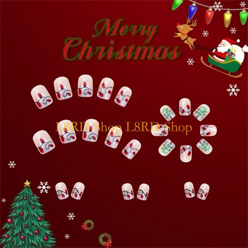 L8RD 24x Full Cover on Nails Christmas Tree Press On Nails Manicures Supplies
