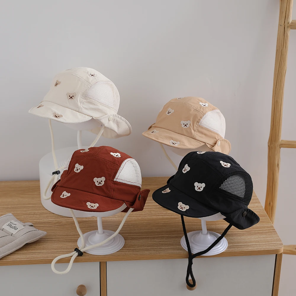 Child's Trendy and Versatile Full-Embroidered Little Bear Double-Sided Breathable Mesh Fringed Cap-Style Fisherman Hat view 6