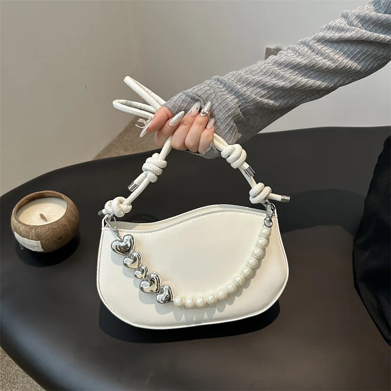 

Women's Shoulder Bags Korean Solid Color Simple Pearl Heart Fashionable Versatile Crossbody Bags Portable High-quality Handbags
