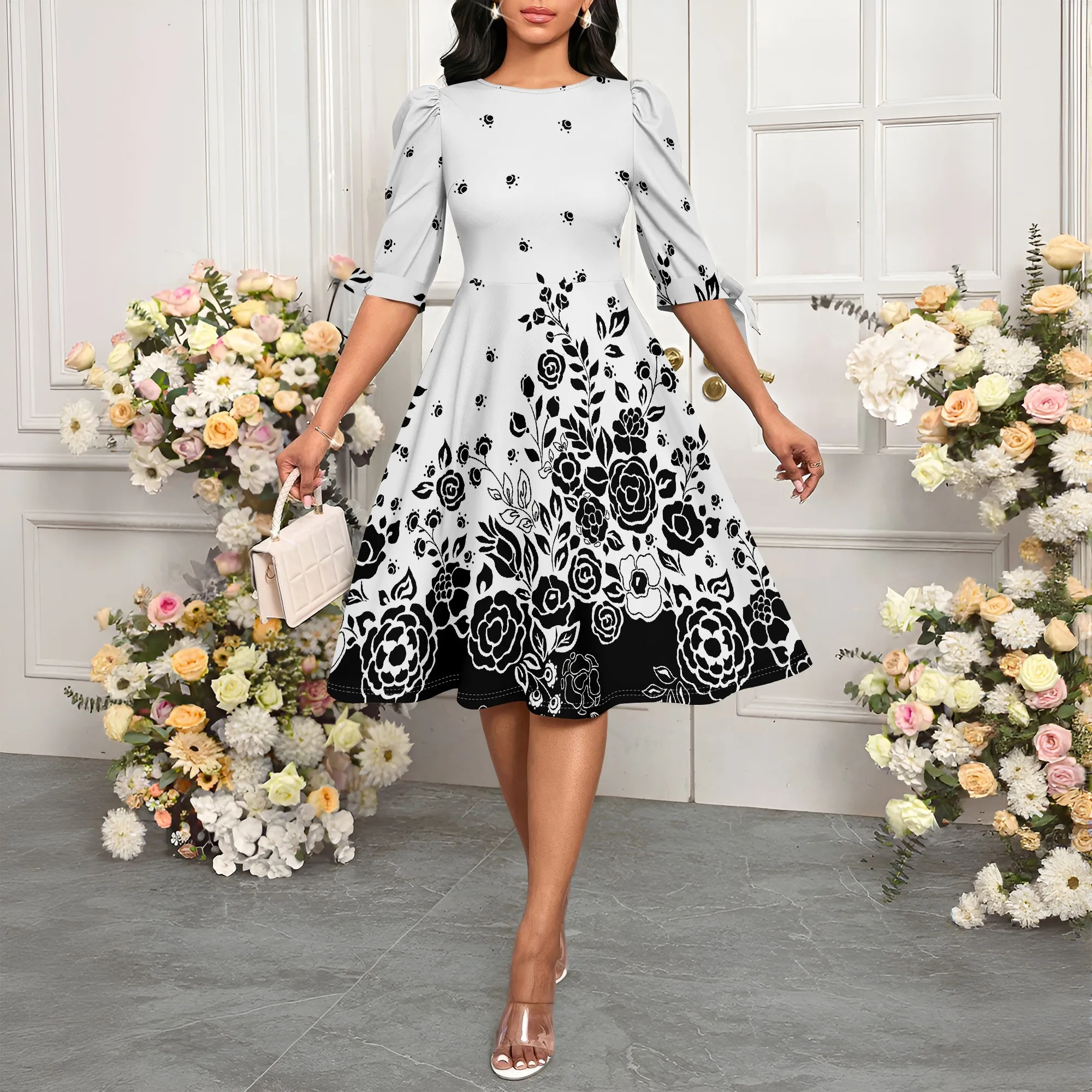 

Women's Bow Sleeve Floral Printed Midi Dress with Belt Polyester Long Sleeve Casual Fall Elegant Chic