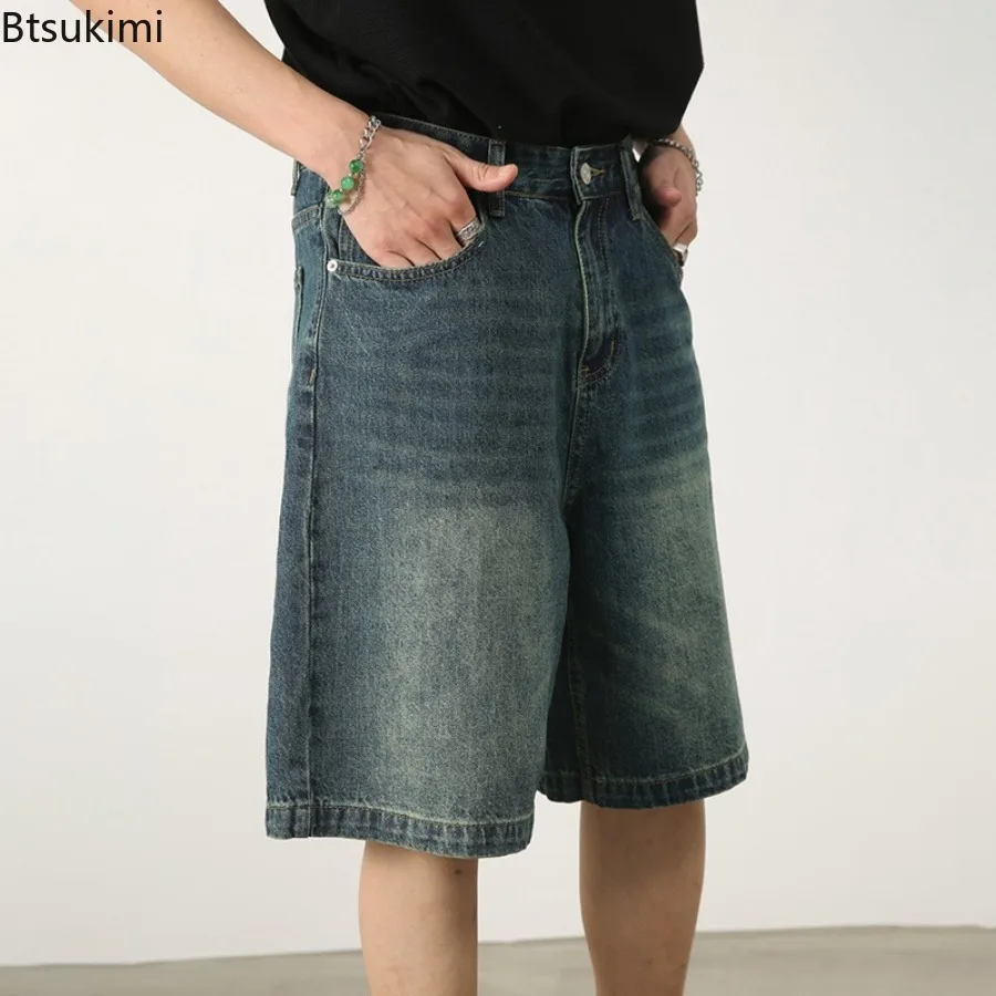 New Men's Fashion Casual Jeans Shorts Summer Loose Mid High Waist Knee Lenght Washed Denim Short Pants Vintage Male Streetwear