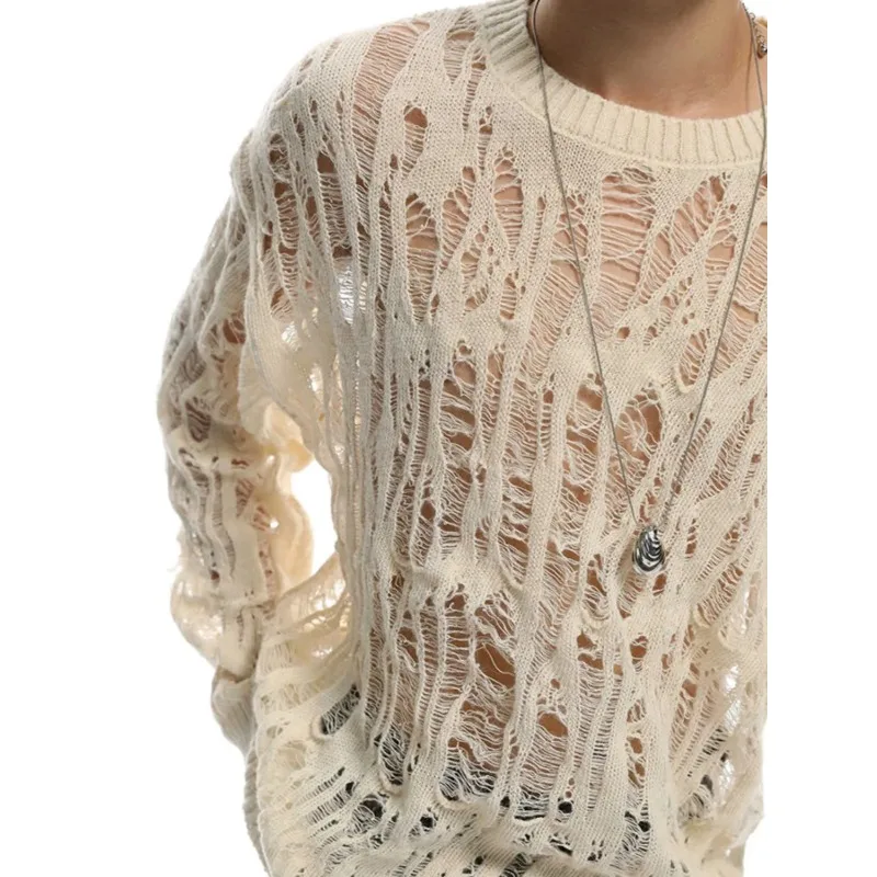 

Loose and Thin Design Knitted Sweater Hollow Torn and Distressed Sweater Fashionable and Versatile Lazy Style Top