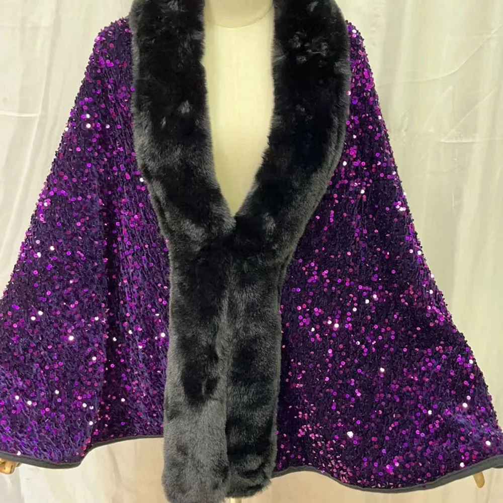 2023 Autumn Ponchos Women Fashion Purple Sequins Faux Rabbit Fur Collar Cloak Women Party Overcoat Winter Thick Cape Shawl Coat