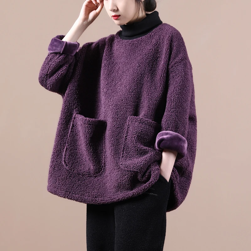 

Womens Lamb Wool Thicken Sweatshirts Casual Loose Turtleneck Double Pocket All-Match Warm Top Woman Daily Pullovers 2023 New