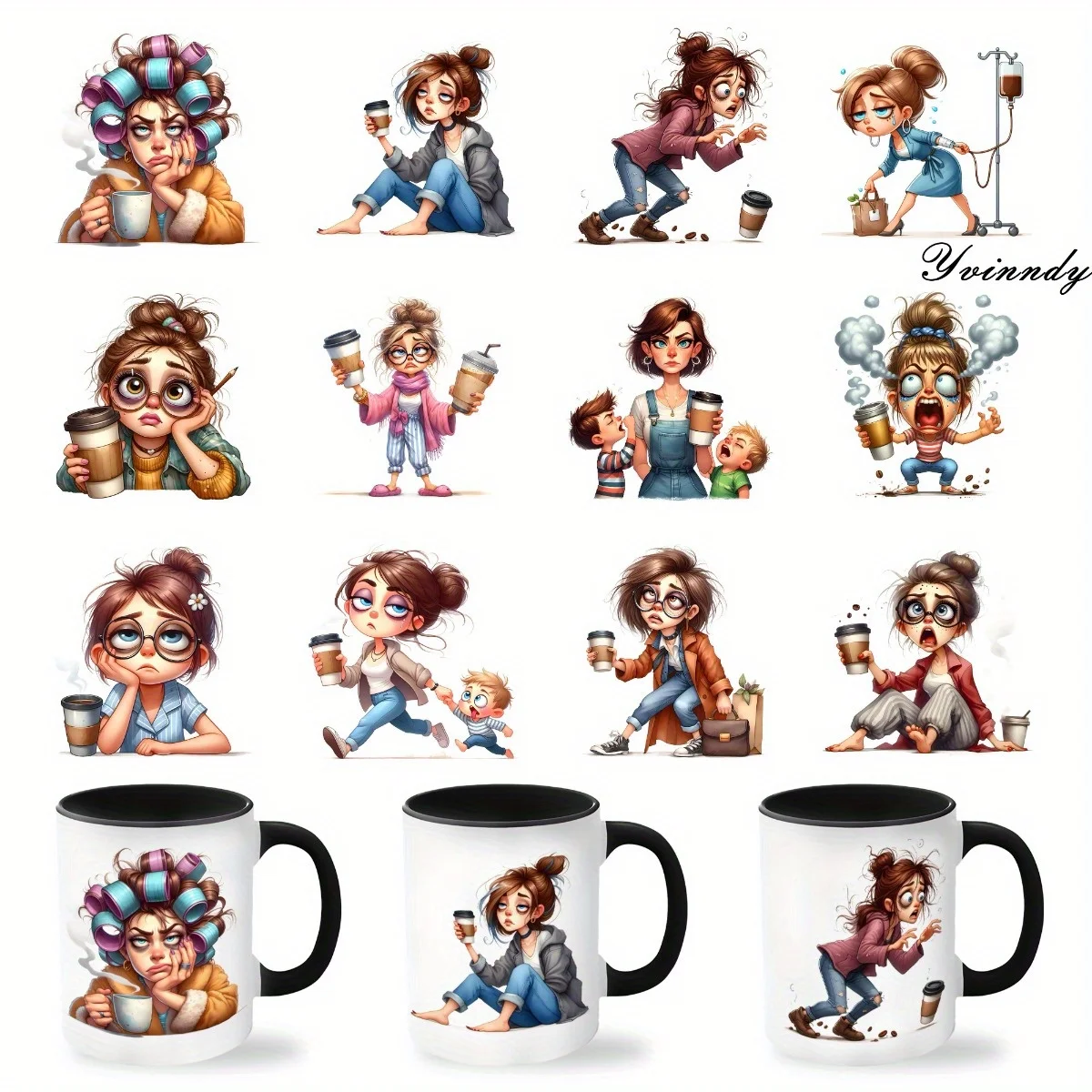 12 Stück/Set Coffee Mom DIY Aufkleber für Glasbehälter, UV DTF, selbstklebendes Transferpapier zum Dekorieren von Tassen und Flaschen