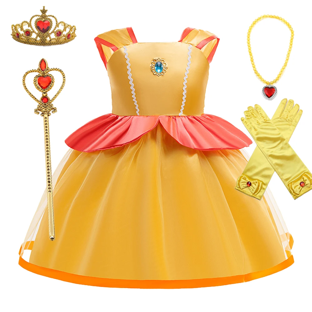 

Fancy Elo Princess Peach Cosplay Girl Costume Carnival Halloween Christmas Gown Elegant Belle Birthday Party Dress Kids Clothing