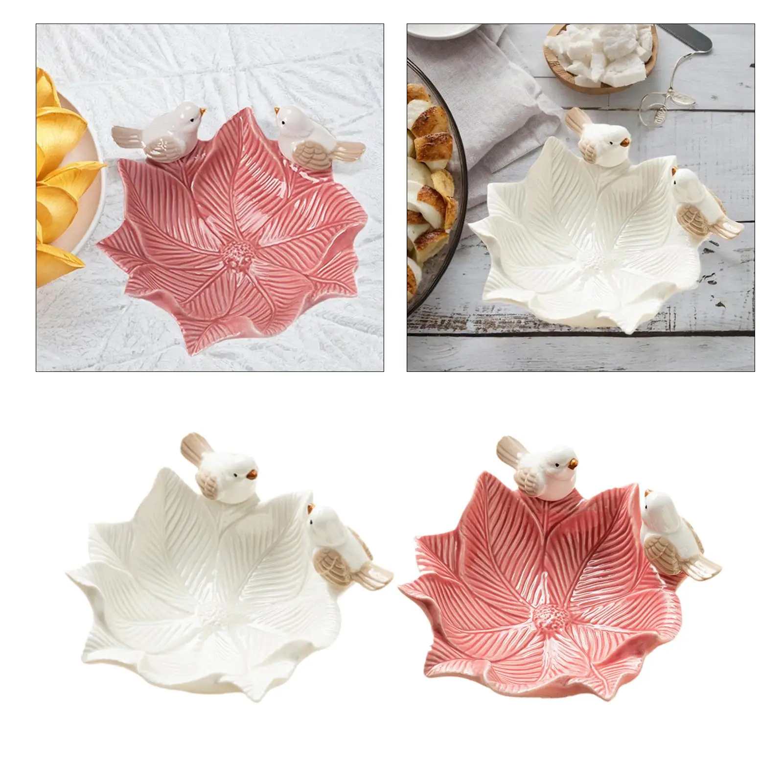 

Ceramic Flower Shaped Ring Trinket Tray with Birds Statue for Home Office