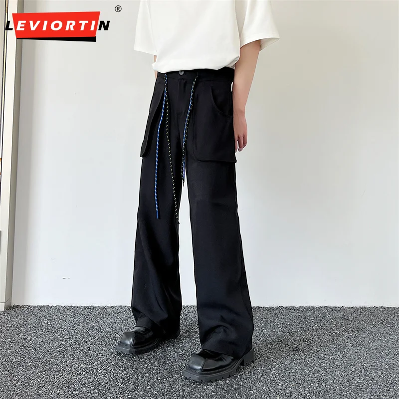 

Men Casual Straight Pants Pocket Drawstring Wide Leg Cargo Pants Streetwear 2023 Loose Versatile Leisure Trousers