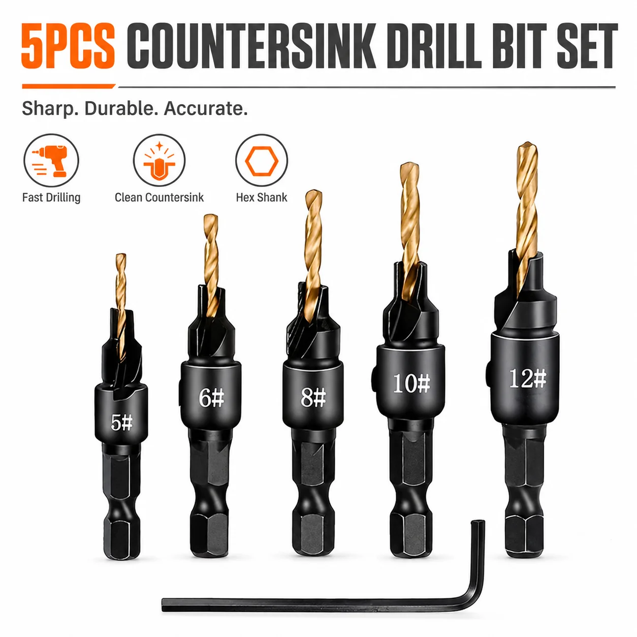 5Pcs Adjustable HSS Countersink Drill Bit Set Hex Shank 5#-12# Wood Aluminum PVC Chamfer Screw Hole DIY Woodworking Tool