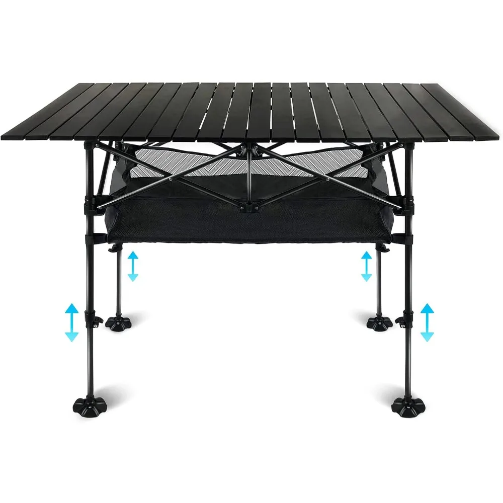 Adjustable Height Aluminum Camping Table Folding Portable Outdoor Table with Large Storage Organizer and Carrying Bags Big Foot